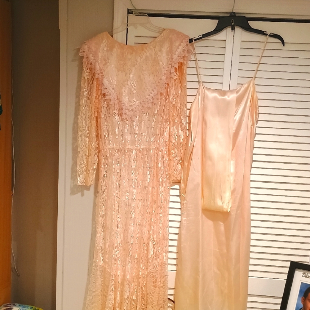 Bo-Art Vintage 80's 3 Pieces Lace and Satin Dress Set in Peach